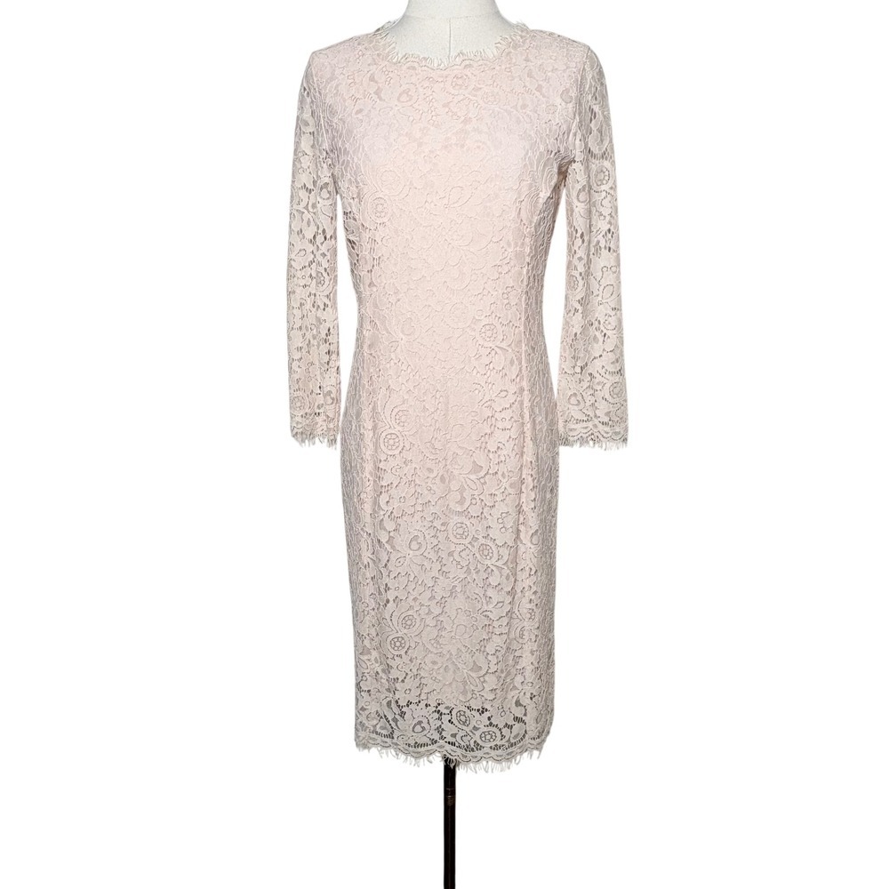 Blush Pink Floral Lace Sheath Dress Long Sleeve Eyelash Fringe Trim Small